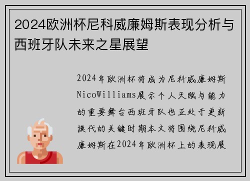 2024欧洲杯尼科威廉姆斯表现分析与西班牙队未来之星展望